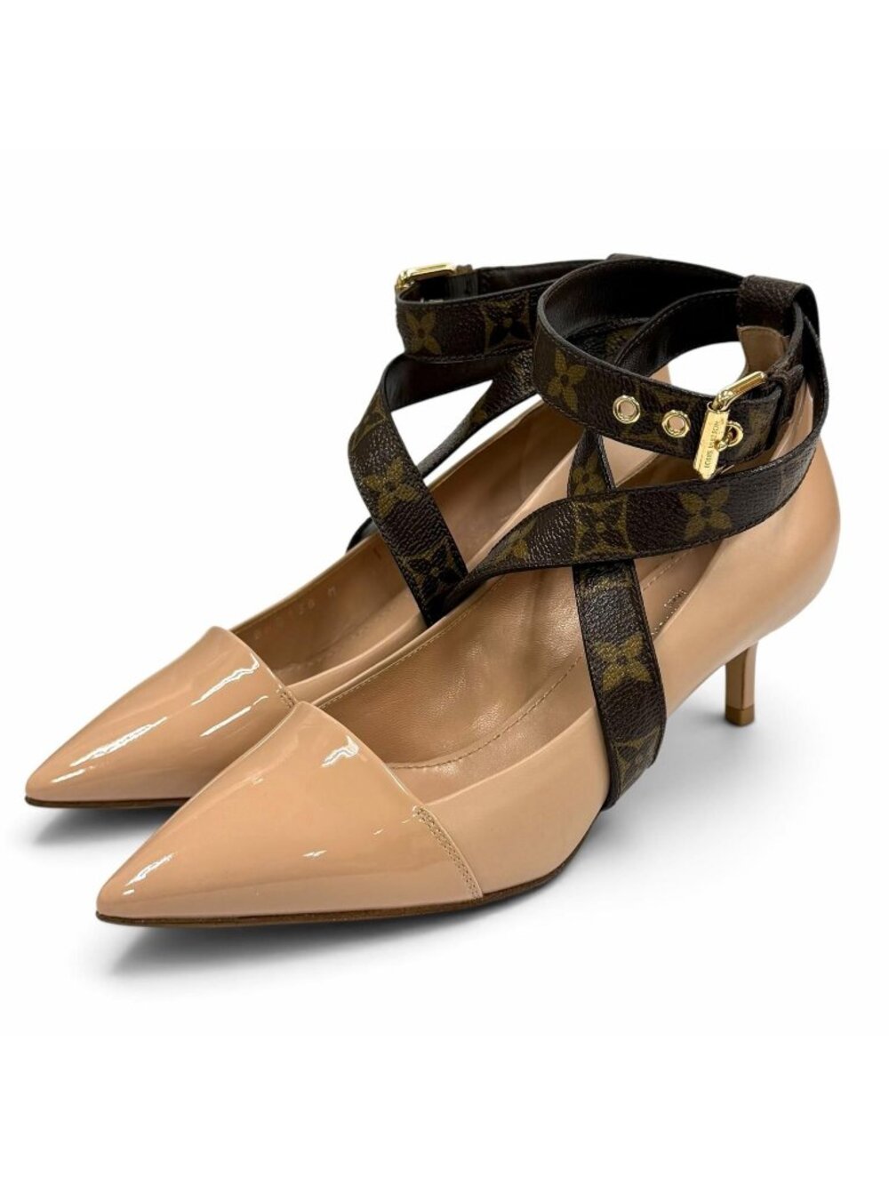 Louis Vuitton Effigy Line Monogram Ankle Strap Patent Leather Pumps Heel